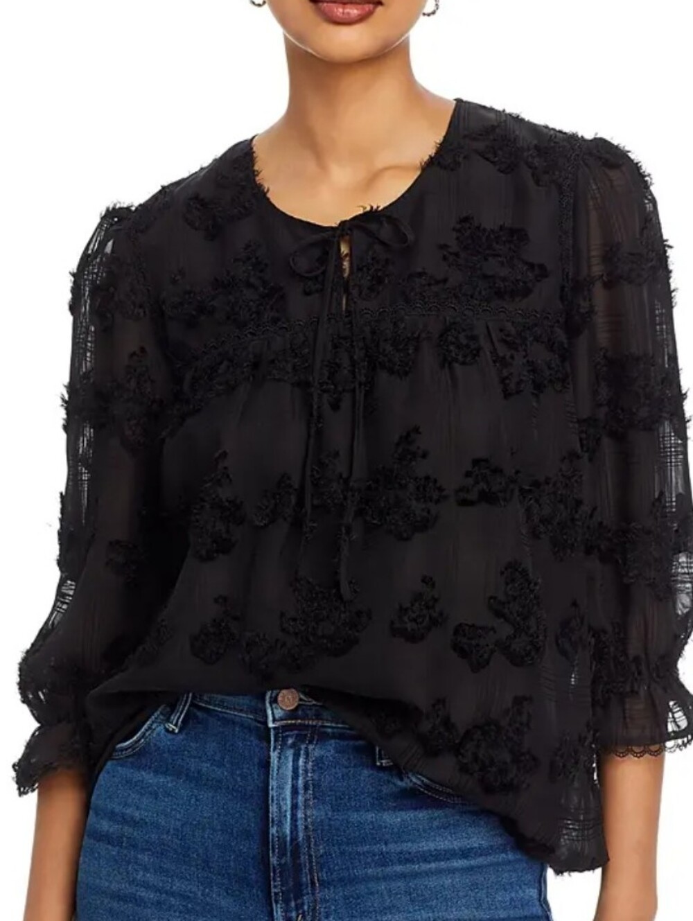 Koko + Mason Jewel Neck Frayed Applique Chiffon Floral Peasant Top Medium